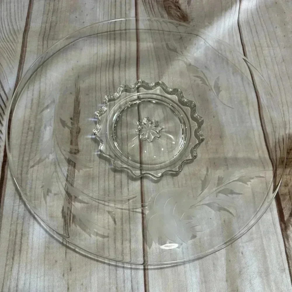 Glass Platter Etched Rose Pattern 13.5”